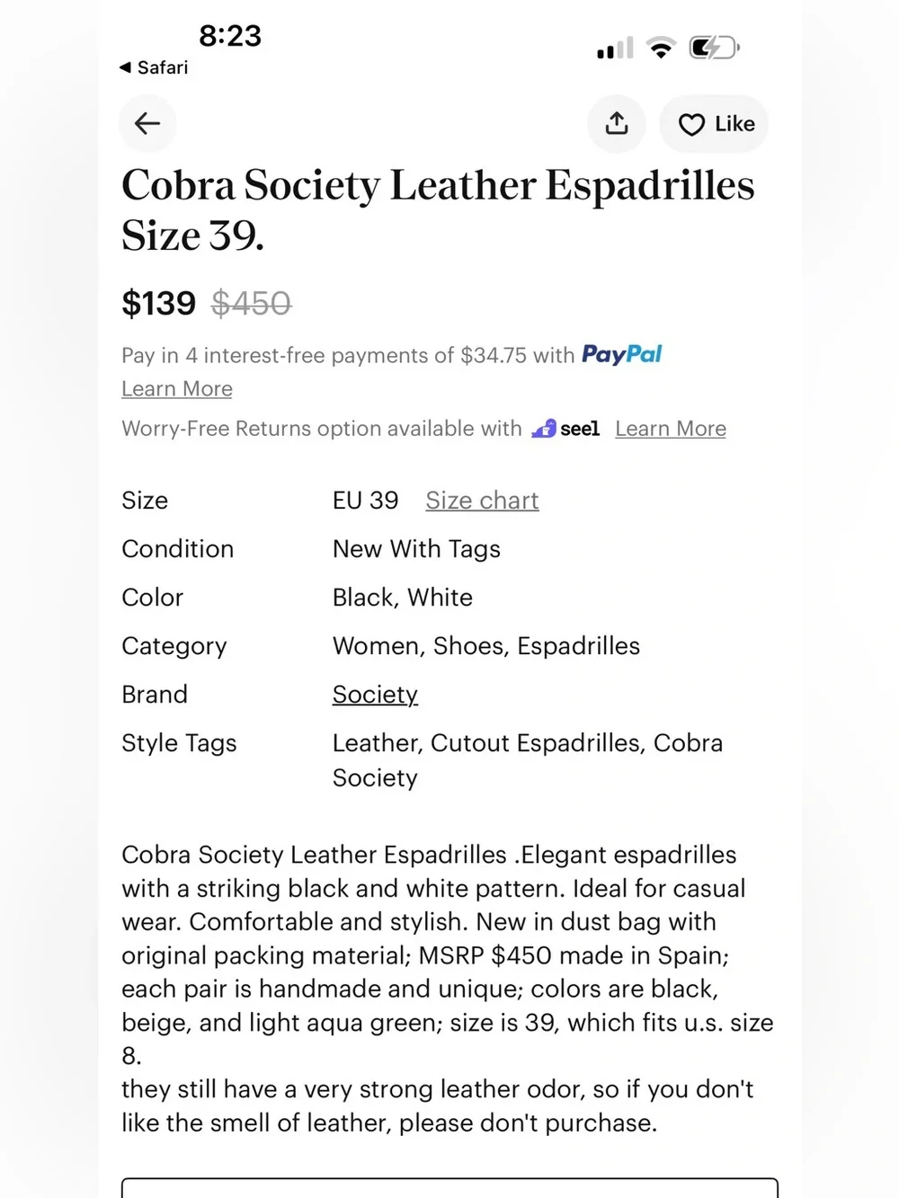 NWOB Cobra Society Women Wool & Leather Laser Cut Tapestry Espadrilles Size 6